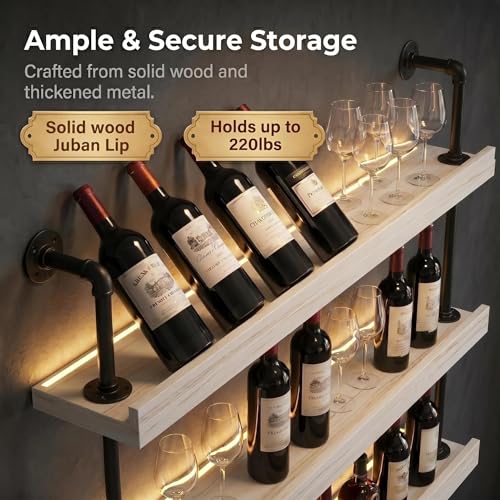 Image of HOUSESET 36 /48 /60 /72 /84in Wine Wall Rack with Led Lights, 3-Tiers Modern Pipe Liquor Bottle Display Shelf, Bar Shelves Wall Mounted for Commercial Bar, Restaurant, Home