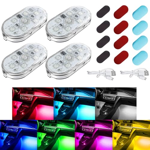 PLALEI 4PCS Wireless LED Lights for Car, 7 Colors Magnetic Auto Interior Light with Bright LED Lamp Beads, Portable Touch & USB Rechargeable Interior Lights, Easy Install for Car Decor (4PCS)