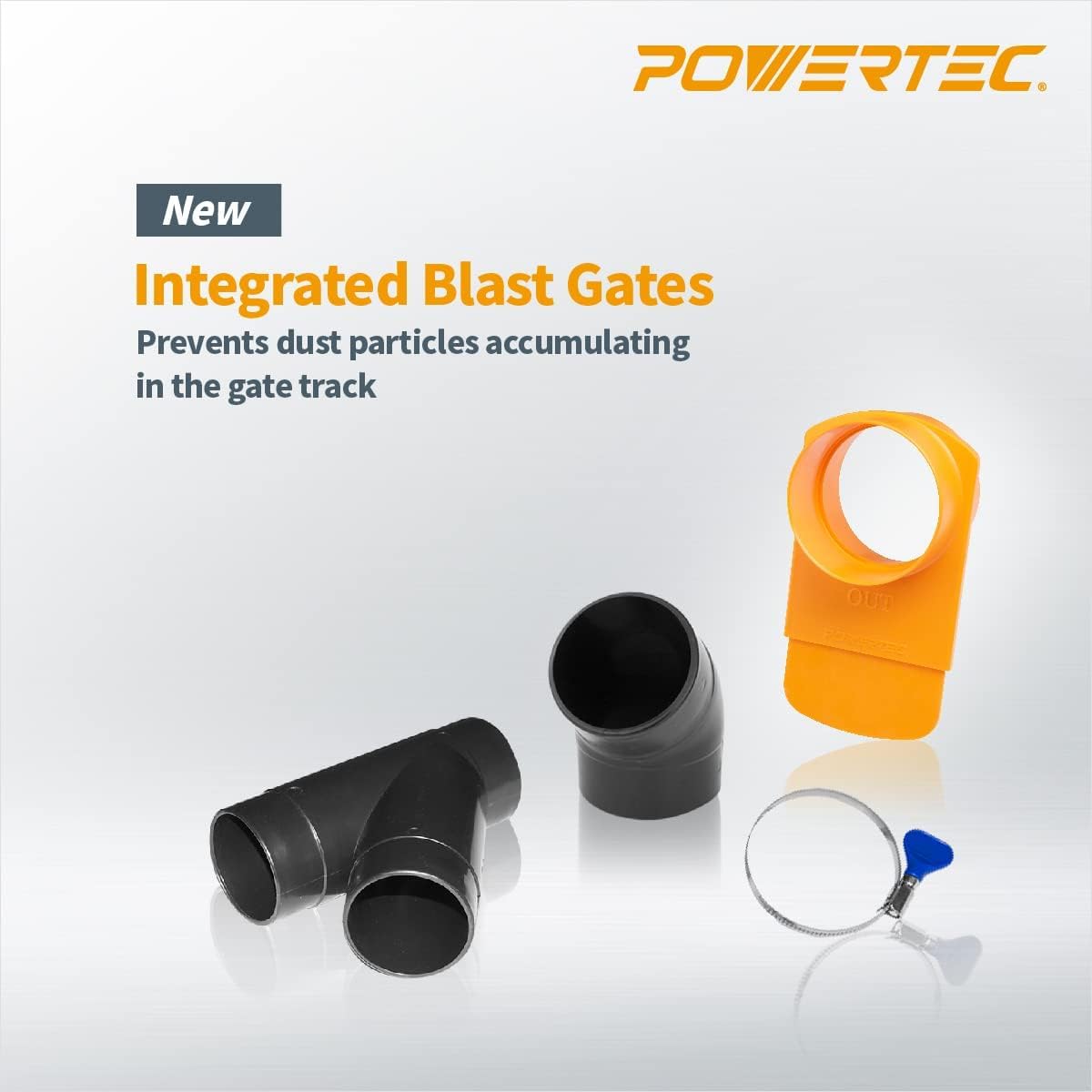 POWERTEC 70430 PVC-Staubsammelschlauch, flexibel, transparent, mit 10,2 cm bis 6,4 cm Schlauchkegel-Reduzierstück und 10,2 cm Armaturen-Set mit Anschlüssen, Strahltoren und Schlüssel-Schlauchschellen