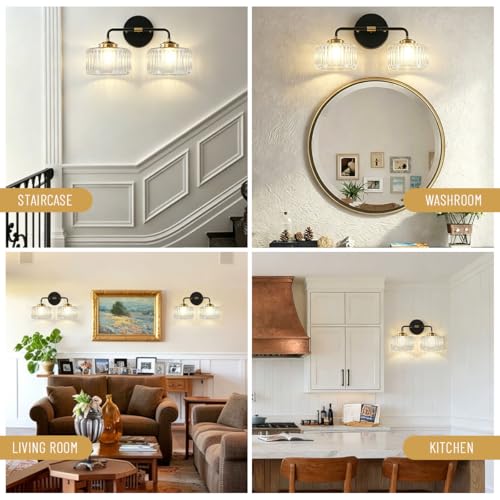 Image of Mid Century Modern Wall Sconce Clear Glass 6.7 inch Shade Striped Glass Bathroom Vanity Lights Vintage Style Brushed Finish Black Gold Wall Mount Light for Living Room, Bedroom, Hallway