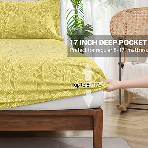 Kacemoo Bed Sheets Queen Size 4Pc - Yellow Paisley Sheets Printed Floral Sheet Set Flower Pattern Deep Pocket Fitted Bed Sheet Set Microfiber Soft Breathable 1800 Thread Count Double Bedding Set #TOP2