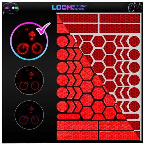 LOOM Fahrrad Reflektoren Aufkleber Set | 67 stk Brilliant Rot | German Oralite Qualität | Reflektoren fahrrad | Wasserdicht | Für Helm, Auto, Anhänger, Reflektoren schulranzen kinder