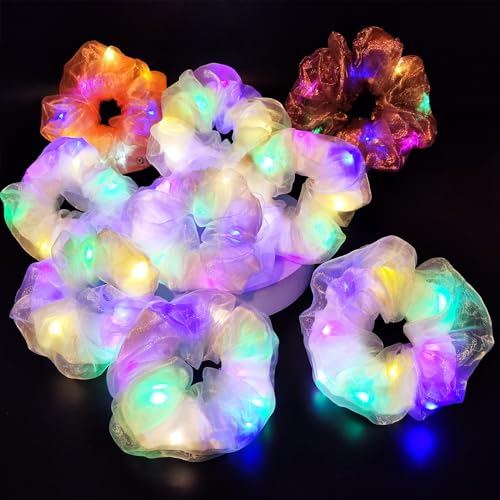 Light Up Scrunchies, Double-layer LED White Scrunchy Fun Hair Ties Glow in the Dark Party Supplies Glow Sticks Party Favor Festival Rave Accessories for Women Neon Party(9PCS-White Set)