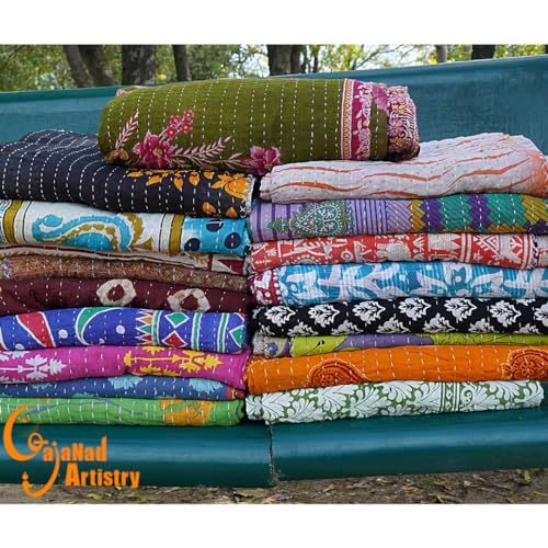 5 Piece Set Handmade Indian Vintage Kantha Quilts Reversible Bohemian Home Decor Blanket Bed Sheet Quilt for Sale – Assorted Color Twin Size 85X55 Inches