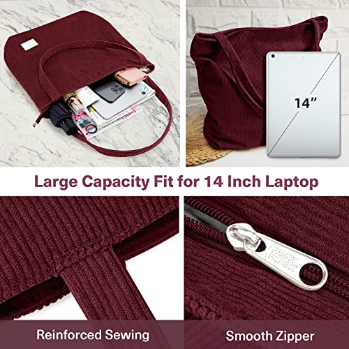 Image of KALIDI Women Corduroy Tote Bag Zipper Casual Tote's Handbag Big Capacity Shoulder Bag with Pockets