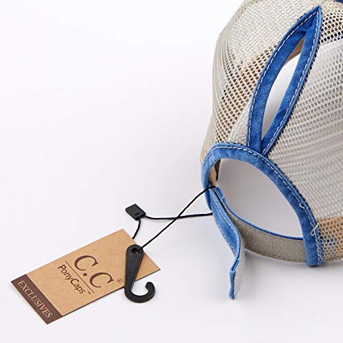 Image of C.C Exclusives Washed Distressed Cotton Denim Criss-Cross Ponytail Hat Baseball Cap Bundle Hair Tie (BT-1007)