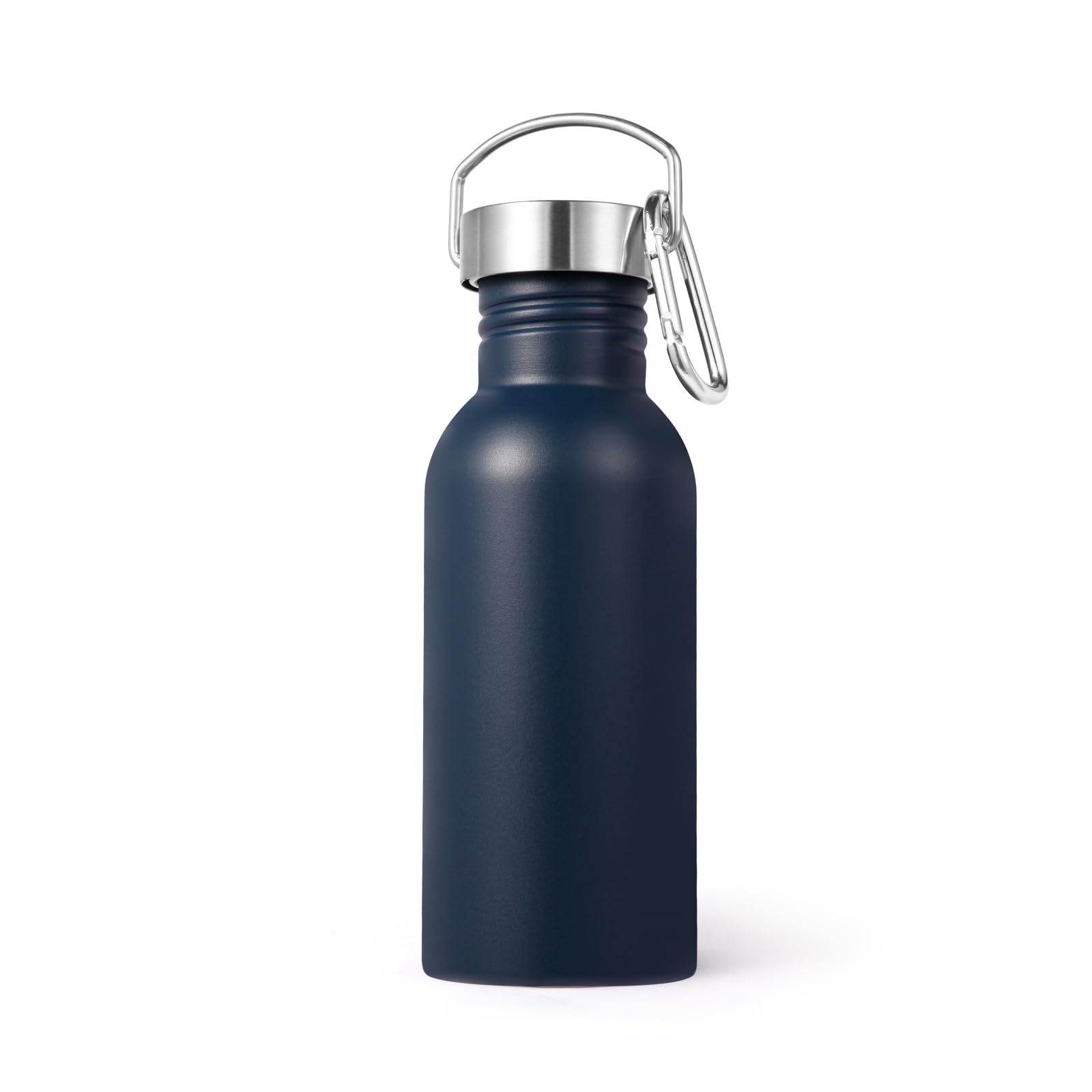 Volhoply 600ml Uninsulated Single Walled Water Bottle, Stainless Steel Reusable Water Bottles with Handle & Carabiner, BPA Free 18/8 304 Sports Water Bottles for Camping Hiking Biking（Navy,1）