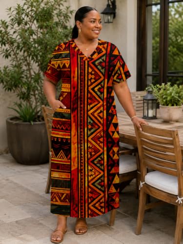 Image of Plus Size Maxi Dress for Women Short Sleeve V Neck Casual Loose Sundress with Pockets