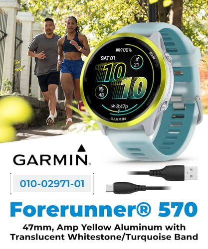 Image of Garmin Forerunner 570 47mm Advanced GPS Running & Triathlon Smartwatch, AMOLED Display, Training & Recovery, Amp Yellow Aluminum w /Translucent Whitestone /Turquoise Band w / Wearable4U PowerBank Bundle