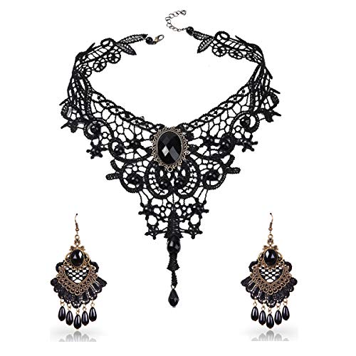 Qrettie Choker Necklace Earrings Set for Halloween Punk Steampunk Costume Party Women Gothic Black Lace Necklace Vintage Lolita Victorian Halloween Choker Vampire Pendant (Black)