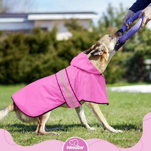 Weesiber Regenmantel Hund - Hunderegenmantel Wasserdicht Regenjacke Hund Reflektierend mit Leinenloch, Regencape für Hunde Mit Kapuze (L, Rosa)