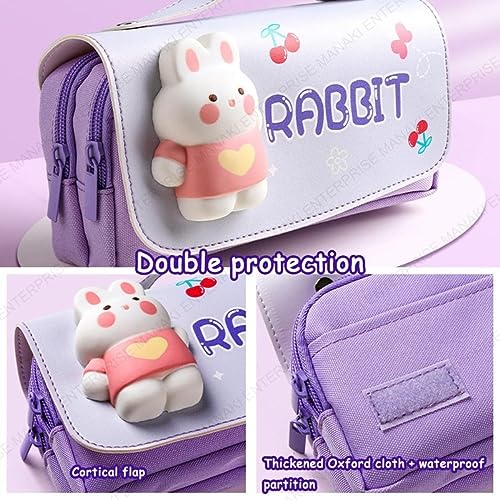 Image of Invite Enterprise 3D Polyester Cartoon Theme Pencil Case - Multipurpose Zipper Pouch for Kids, Girls - Stationery Storage Box (Rabbit) - Purple