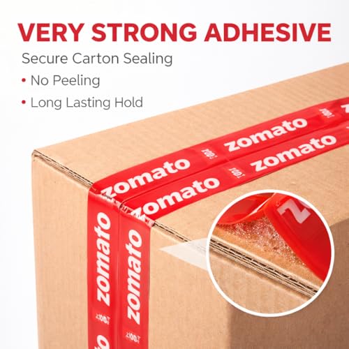 Image of Zomato Food Packing Tape | Pack of 12 | Strong Adhesive Red Color 24 mm 1 Inch x 65 Meter For Food Delivery Takeaway Boxes And Ecommerce Packing