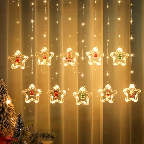 Image of Desidiya 10 Star Shape Christmas Window Curtain String Hanging Lights for Christmas Decoration for Christmas Home Bedroom Decor (Warm - White)
