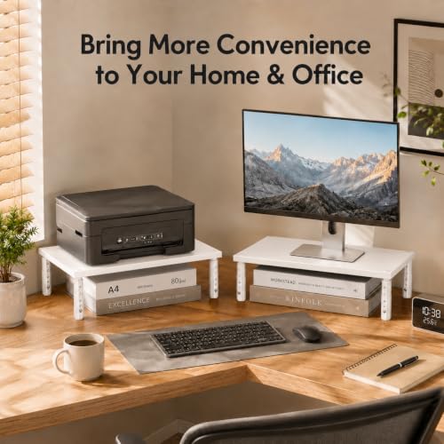 Image of OPNICE Adjustable Monitor Stand Riser for Desk, Wood Computer & Laptop Stand, Desk Organizers and Accessories, Office Desk Accessories & Workspace Organizer for Home Office Supplies, White