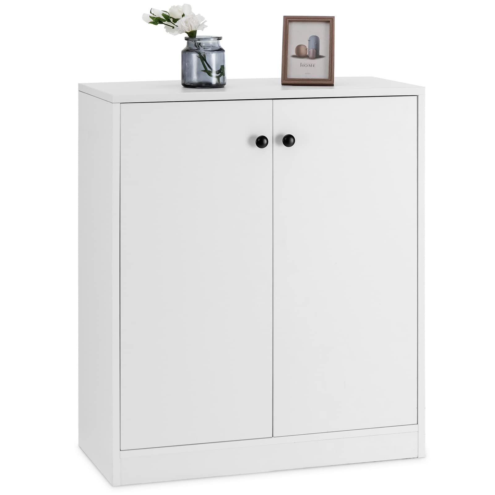 COSTWAY Armoire Cuisine Rangement 2 Portes, Meuble de Rangement avec Étagère à 3 Niveaux, Buffet, Dispositif Anti-Basculement, pour Salon, Cuisine, Salle à Manger, Entrée (Blanc)