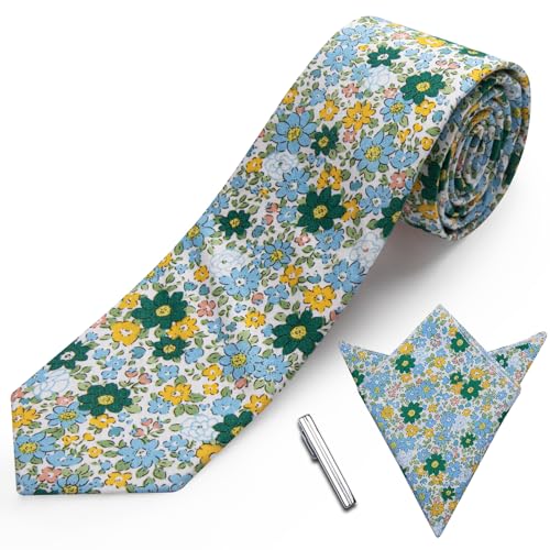 Image of YourTies Cotton Floral Tie for Men 2.5 inch Printed Skinny Necktie Pocket Square Tie Clip Set Flower Wedding Party Groom