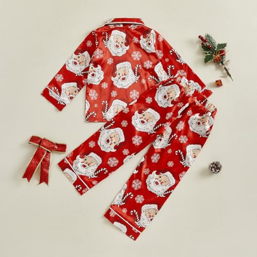 One opening 2-6T Little Girl Christmas Pajamas Set Santa Button Down Shirts Tops Long Pants Girls Pjs Set Loungewear Sleeper4