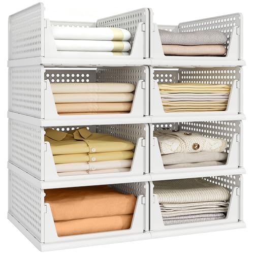 Image of Pinkpum 8 Pack Closet Organizers and Storage Plastic Stackable Storage Bins, Foldable Drawer Shelf Storage Container for Wardrobe Kitchen Bathroom Dorm White
