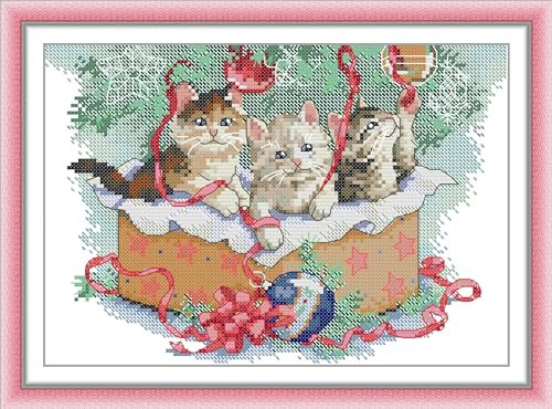 Image of Howie's Cross Stitch Kits, 14CT Pre-Printed Pattern Embroidery Set Needlework, Full Range of Stamped Starter Kits(Playing with the Trimmings, 11.81 x 8.27 inch)