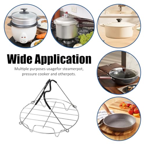 Image of 19.5cm Steamer Rack Trivet with Heat Resistant Silicone Handles | 19.5cm /7.68inch Silver Stainless Steel Steamer Rack Trivet for Lifting out Delicious Cooking, for 6, 8 Qt Pressure Cooker