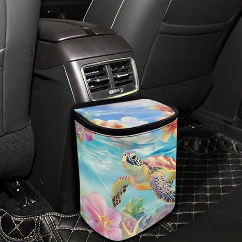 Image of Talayituse Turtle Hibiscus Plumeria Print Car Trash Bin, Large Size Auto Trash Can Adjustable Portable Garbage Can with Lid, Vehicle Hanging Bag for Headrest Front Back Seat