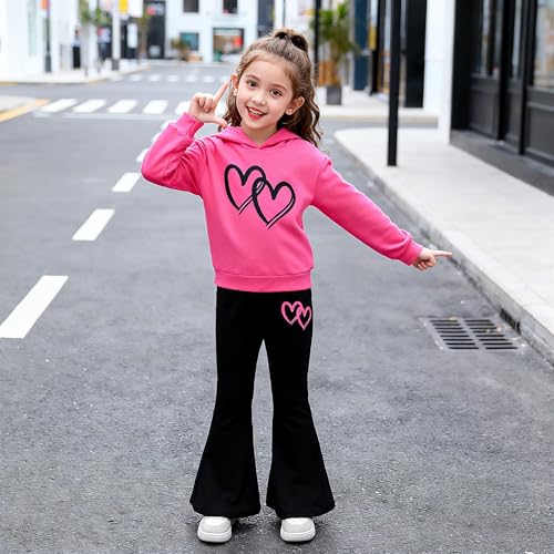 Image of 6-13 Years Girls Clothing Heart Print Hoodie Top + Heart Print Flare Leg Pants 2PC Clothing Set
