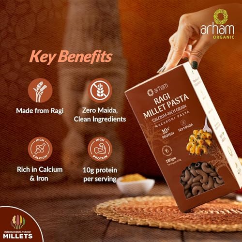 Image of Arham Organic Pasta Combo Macaroni| Foxtail, Little, Ragi & Sorghum | No Maida, Not Fried, No MSG, No Preservatives | Easy & Quick to Cook 180GM Each