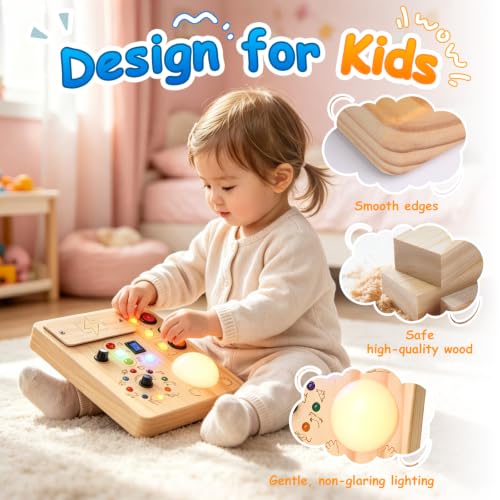 Image of Montessori Busy Board for Toddlers 1-3 Years Old, Wooden Sensory Board with LED Lights, Interactive Activity Toy with Switches, Travel Toy Gift for Boys Girls