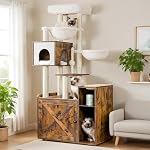Hey-brother Cat Tree with Litter Box Enclosure, Modern Cat Tower for Indoor Cats with Large Platform, Condo Food Station and 2 Hammocks, All-in-one Cat Furniture, Wood Rustic Brown MPJ115SR