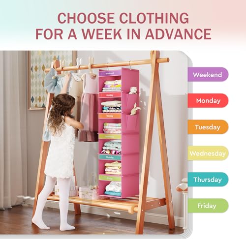 6-Shelf Weekly Hanging Closet Organizer, Weekly Clothes Organizers for Kids with 2 Side Pockets, Pink - Image 6