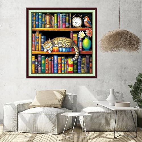 Image of Foxhool Stamped Cross Stitch Kits,11CT Printed Cross Stitch Pattern Full Embroidery Kits for Beginner Needlepoint Kits-Cat Sleeping in Bookshelf 18x18 inch