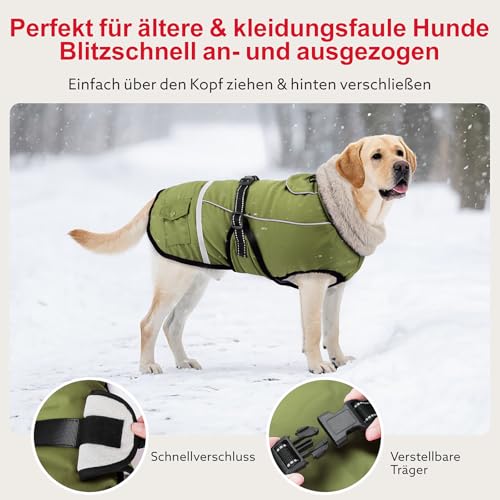 Woiil Hundemantel Wintermantel, Hundejacke Wasserdicht für Grosse Hunde mit Verstellbaren Schultergurten, Warm Hundemantel aus Fleece, Reflektierende Streifen,Geeignet für Labrador Olivgrün, XL