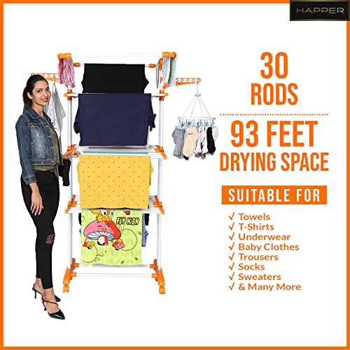 Image of Happer Premium Double Supported 4 Layer Cloth Drying Stand with Thread Lock Mechanism and Breaking Wheels, King Jumbo (Orange) Stainless Steel Plastic