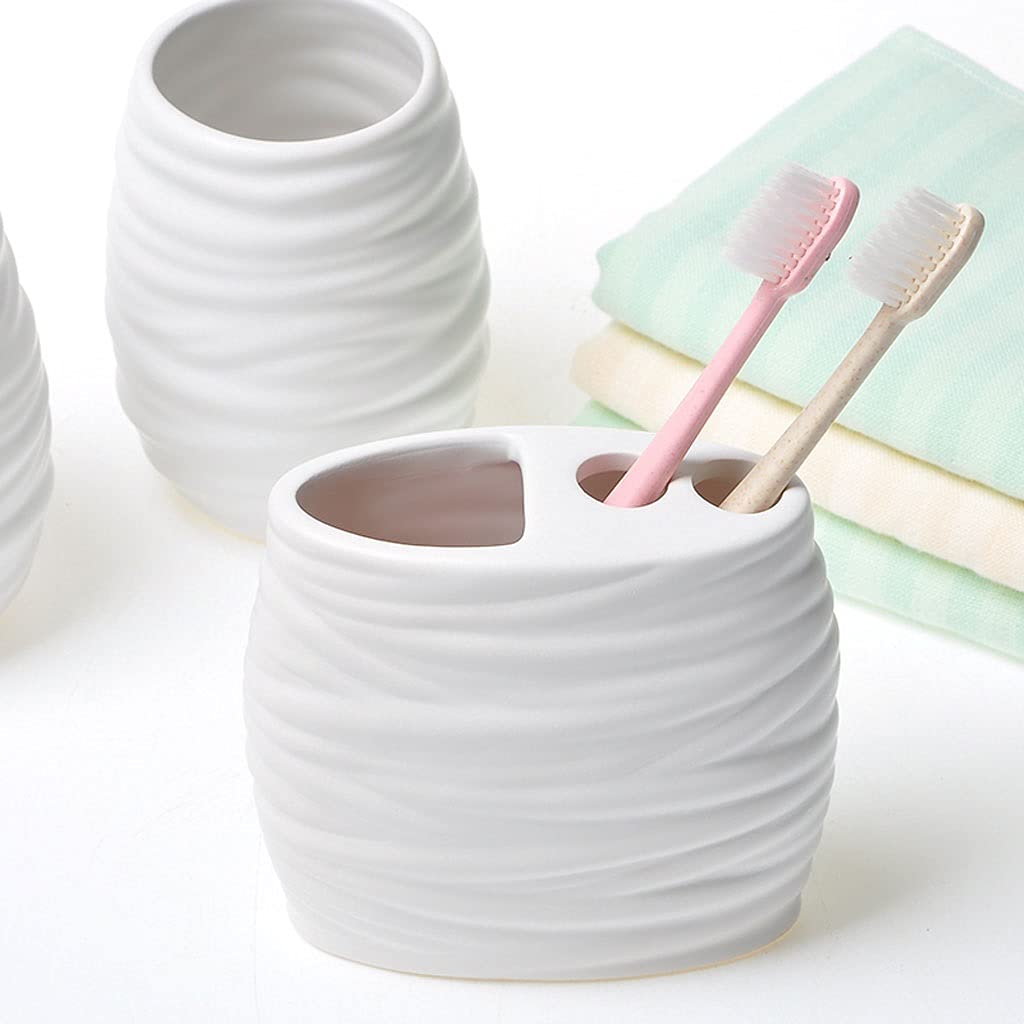 Set di Accessori da Bagno da 5 Pezzi con Dispenser per Doccia, Set Regalo con Dispenser di Sapone, Pompa, portaspazzolino, portasapone e Bicchieri per collutorio, in Ceramica/Bianco.