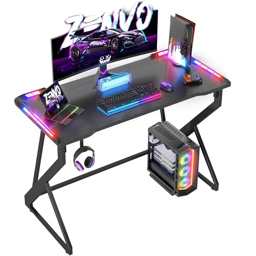 BEXEVUE Gaming Desk with LED Armor, 100x50 cm RGB Computer Desk with Carbon Fiber and Z Frame Design...