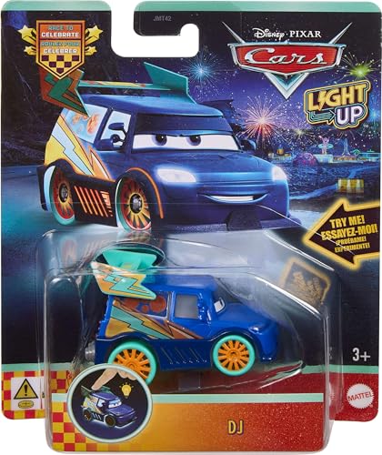 Mattel Disney Pixar Cars Vehículo de Juguete con Luces a Escala 1:55, presiona para iniciar 1 de Las 4 secuencias de Luces de Colores (los Estilos Pueden Variar), JMT42