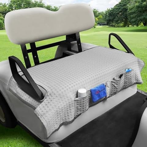 LEAPGOMAX Golf Cart Seat Covers Cooling Ice Silk Golf Cart Seat Blanket for EZGO TXT RXV/Club Car DS Precedent Front Seat 4 Pockets Seat Blanket for 2-Person Seats, Keeps Seat Cool and Clean Gray Cover