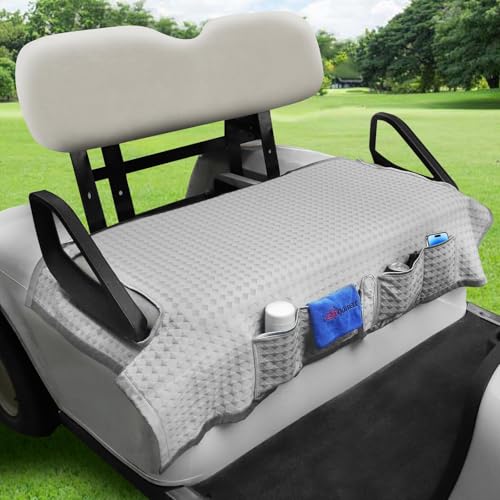 Leapgomax Golf Cart Seat Covers Cooling Ice Silk Golf Cart Seat Blanket For Ezgo Txt Rxv/Club Car Ds Precedent Front Seat 4 Pockets Seat Blanket For 2-Person Seats, Keeps Seat Cool And Clean Gray