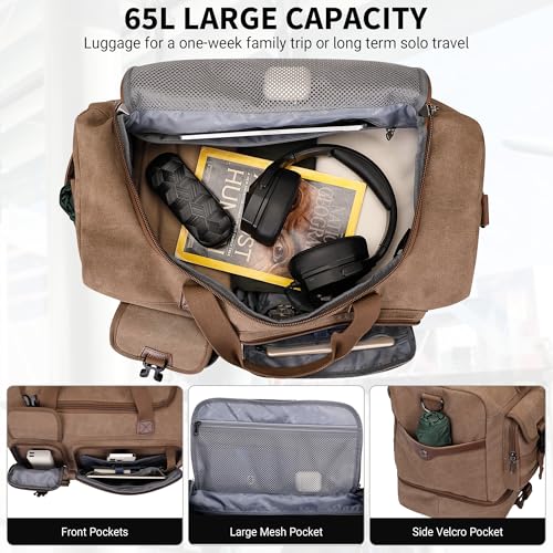 WITZMAN Duffle Bag for Men 50L Canvas Weekender Overnight Bag with Toiletry Bag Sets Travel Duffel Bag Shoes Compartment（A8010-2 Brown）3