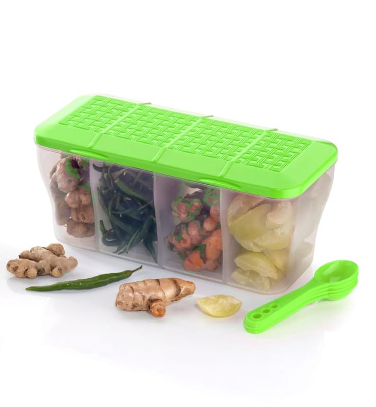 Image of SORATH 4 in 1 Multipurpose 4 Section Kitchen, Fridge Storage Airtight Container Set for Vegetables, Dryfruits, Spices, Groceries, and Pickles with 4 Spoons Storage Set 1800 ml- (Green, Pack of 1)