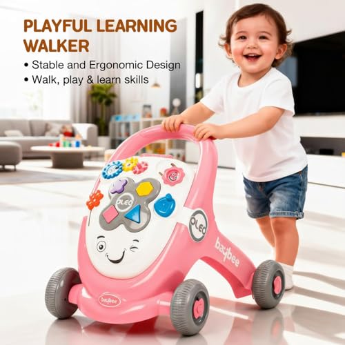 Image of Baybee Oleo Baby Walker for 6-18 Months | Activity Push Walker with Music & LED Lights | Stable Wheels, Easy Grip Handle | Educational Walker for Boys & Girls 0-2 Years (Lite Pink)