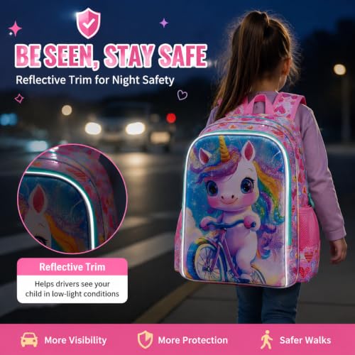 Image of HPJGD 3PCS Unicorn Bookbag for Girls, Kids Bicycle Backpack Set with Lunch Box, Cute Water Resistant Elementary School Bag for Preschool Toddler - Pink Unicorn Bike