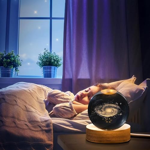 Image of ANKRII 3D Solar System Crystal Ball Night Lamp with Wooden LED Base, Galaxy Crystal Ball Night Light, Home Decor Showpiece, Unique Birthday Gift for Men, Women, Boys & Girls