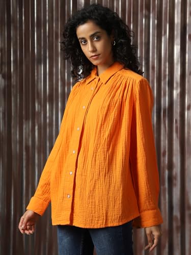 Image of High Star Women Cotton Solid Oversized Fit Casual Collar Full Sleeves Shirts