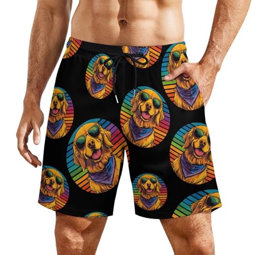 Vintage Retriever Dog Wearing Bandana Beach Shorts for Men Swim Trunks Quick Dry Swim Shorts with Compression Liner Pocket
