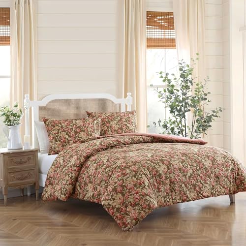 Image of Laura Ashley - Twin Comforter Set, Soft Cotton Bedding with Matching Shams, Floral Home Decor, Oeko-Tex Certified (Bloomsbury Brown, Twin)