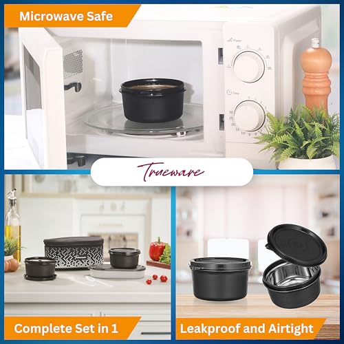 Image of Trueware Omaga Lunch Box with Insulated Fabric Jacket, 2 Microwave Safe & Leak Proof Inner Stainless Steel Containers 400ml Each & 1 Plastic Oval Chapati /Rice Container Tiffin for Office, College