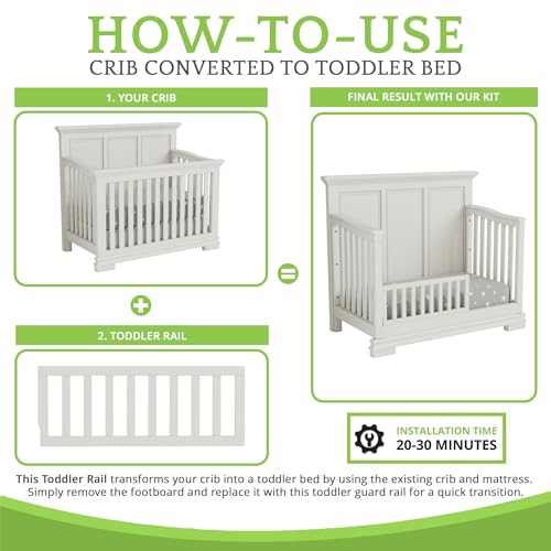 Image of Toddler Bed Safety Guard Rail for Oxford Baby, Soho, Ozlo & Avalon Baby Convertible Cribs - Solid Wood Rail for Toddler Bed Conversion - Safety Rails for Children (Barn White, Option 2)
