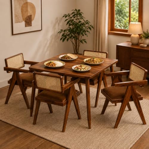Image of Wooden Dining Table Set with 4 Chairs, Natural Oak, Sheesham Wood, Modern Style, Cane Back Chairs with Cushions, (Table (100 cm x 76 cm)